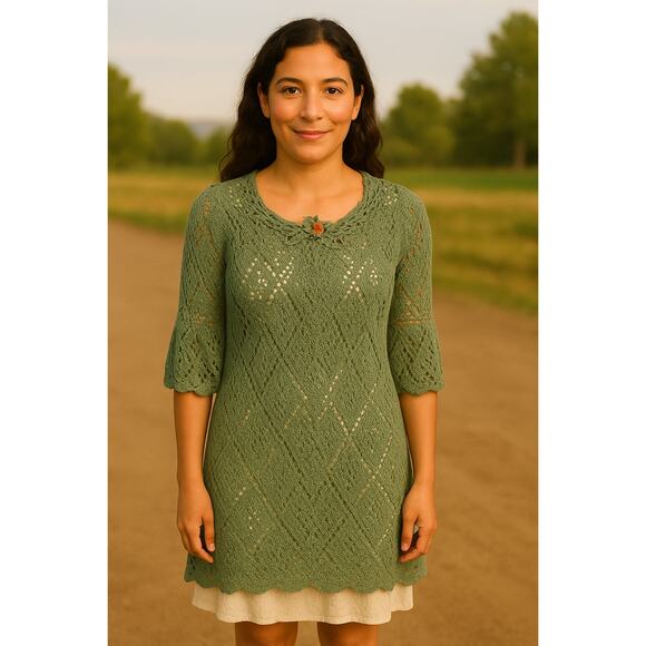 Green Cotton Knit Sweater Dress Small Open Knit Sheer Cottagecore Grannycore - Picture 1 of 11